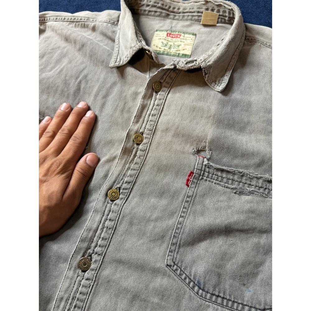 Vintage Levi's 90s Men's 2XL Gray Denim Long Sleeve Shirt Cotton Distressed